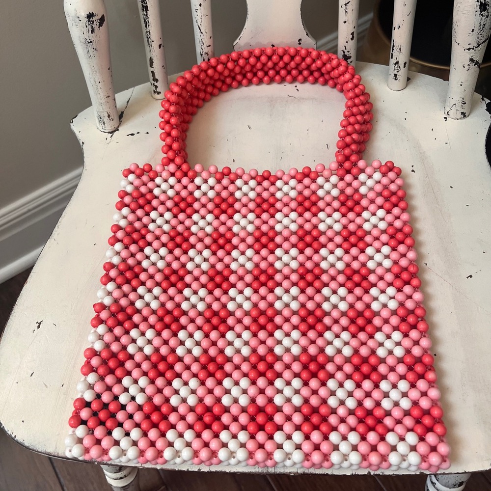 Lulu NYC Coral Pink White Beaded Gingham Tote Handbag Acrylic Checker Purse